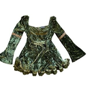 Dolls Kill Myths N Legends Mini Dress Current Mood Green Velour Dress Lace-Up L